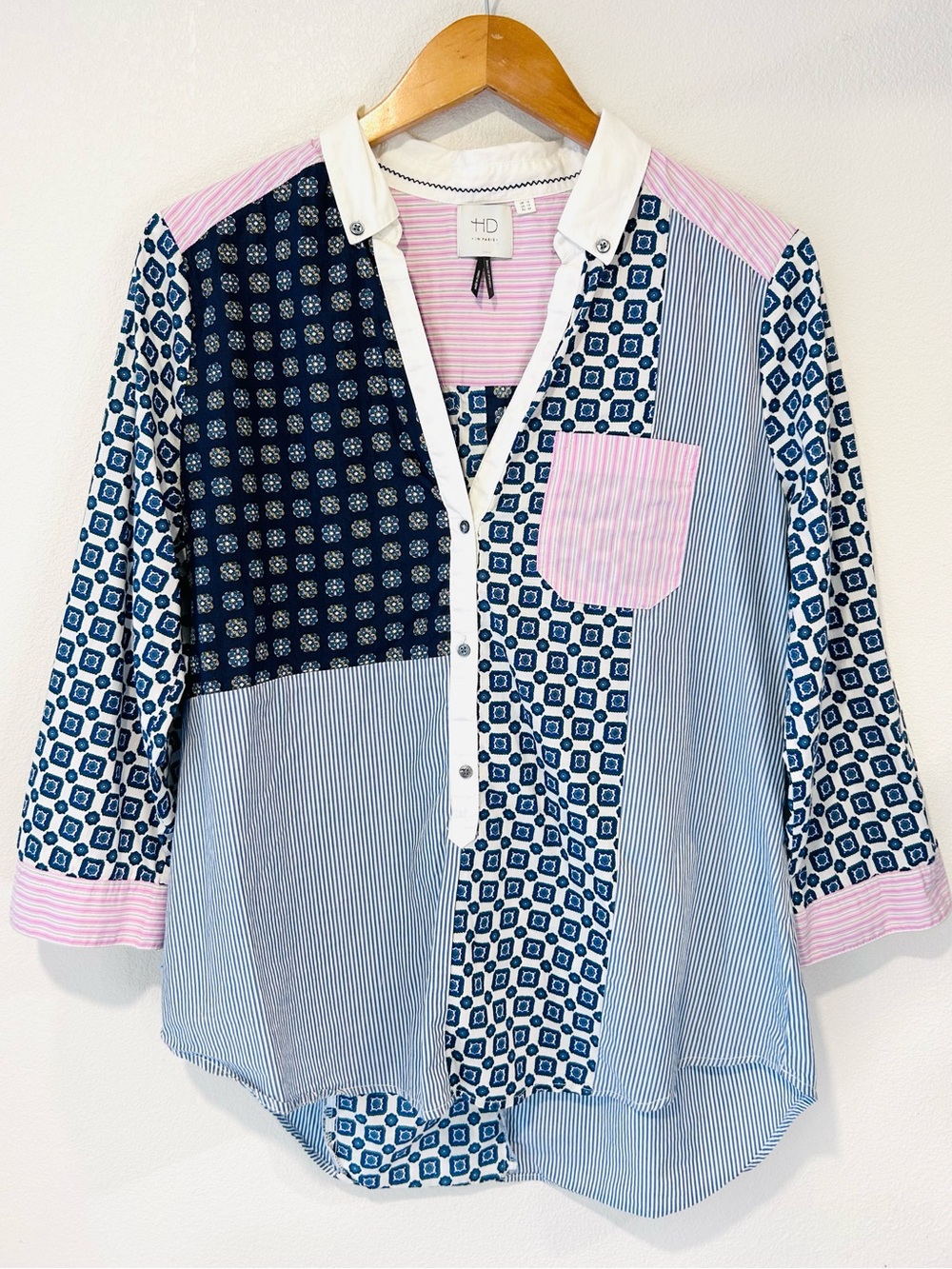 Anthropologie HD in Paris Patchwork Popover Top Cotton Preppy Casual Size 12